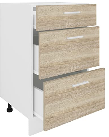 VCM Küchenmöbel Unterschrank 50x46x82 cm 3 Schubladen | Stauraum für Töpfe und Vorräte - Küchenzeile - Für Haushalte - Feuchtigkeitsbeständiger Holzwerkstoff