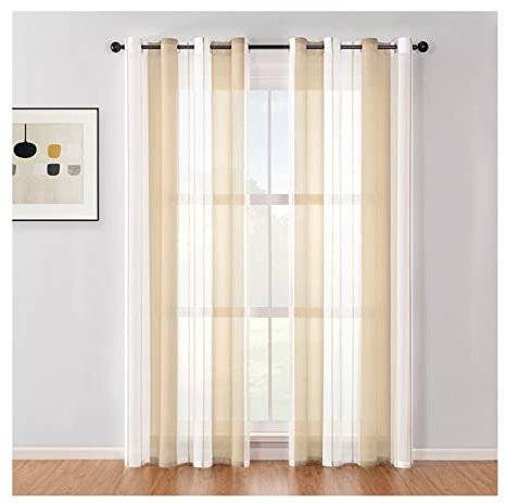 Vorhang Beige, Fenstergardinen Wohnzimmer 2er Set Polyester Transparenter Streifen Wohnzimmer Deko 132x138cm