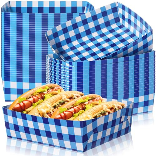 Suclain 36 Pack Blue and White Gingham Paper Trays 5 lb Grease Resistant Large Snack Serving Trays Disposable Food Boats for Baby Shower Autumn Halloween Thanksgiving Tea Party Supplies