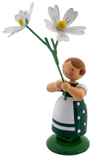 Seiffener Volkskunst Jan Legler | Wiesenblumenmädchen Blumenkinder | Handwerkskunst aus dem Erzgebirge | Holzfigur Frühlingsdeko | 12 cm | mit Sternmiere