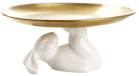 Soulnioi Easter Ceramic Cake Stand,Bunny Rabbit Metal Plate,Dishes for Dessert Food Server Tray Ceramic Snack Stand Earring Organizer Tray for Wedding,Mother's Day Easter Day Gold Plate