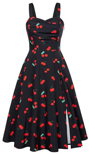 Belle Poque Women 1950s Vintage Dress Summer Sleeveless Midi Birthday Party Swing Dress Cherry Black M