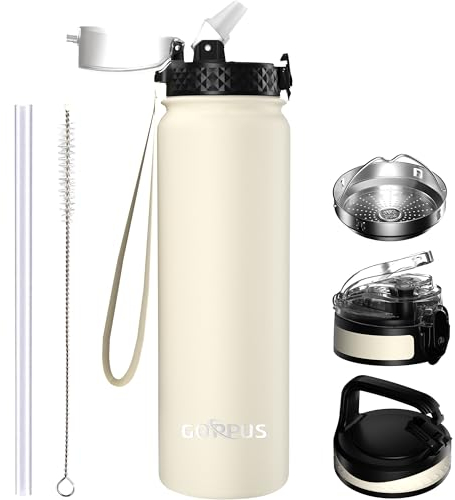 GOPPUS 1L/32oz Thermosflasche mit Strohhalm Doppelschicht Edelstahl Trinkflasche 1 Liter Isolierflasche Auslaufsicher Sport Wasserflasche Kohlensäure Water Bottle Trinkflaschen BPA-frei Wasser Flasche