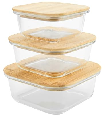 Jocca - Lot de 3 récipients en verre avec couvercle en bambou/lot de 3 récipients en verre avec couvercles/passent au micro-ondes, au congélateur, au four, au lave-vaisselle