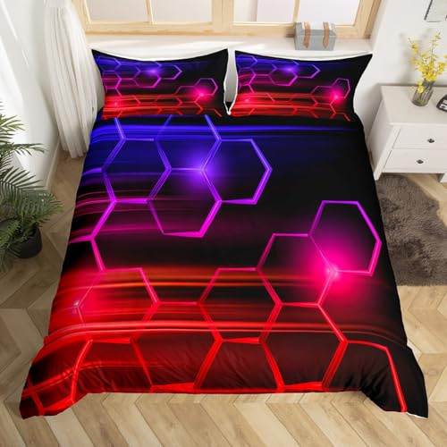 Set di biancheria da letto a nido d'ape per bambini, ragazzi e ragazze, set copripiumino geometrico con alveare, per letto singolo, decorazione per camera da letto, colore: rosso e viola, 2 pezzi