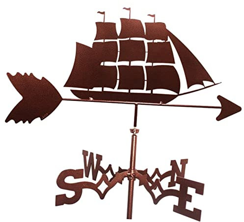 Duiaynke Windfahne mit dekorativer Segelschiff-Wetterfahne, schwarze Gartenhalterung, Edelstahl-Wetterfahne, Bauernhof, Retro, langlebige Szene, Windrichtungsanzeige