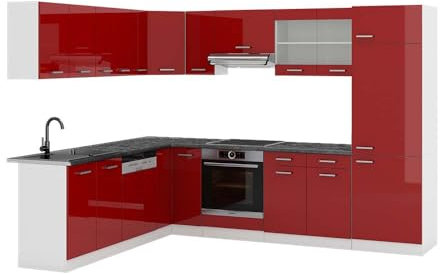 Vicco Eckküche R-Line, Rot Hochglanz/Weiß, 287 x 60 cm, AP Anthrazit, mit modularen Elementen flexibel erweiterbar