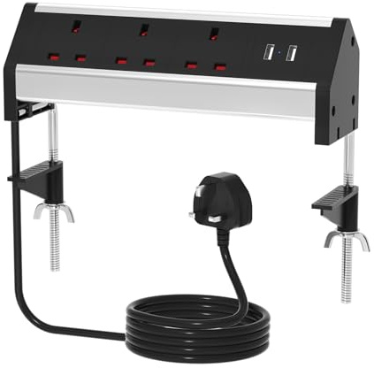 ZYMY Desk Extension Lead Clamp Power Socket with 2 USB, Black | 3 Way Desk Power Extension, 1.8M Cable, Surge Protection, Fit 3.3 Tabletop Edge, for Office, Home, Gaming Accessories