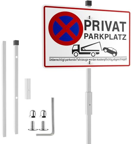 Upifen Privatparkplatz Schild mit Pfosten Alu 30x20 cm mit Löchern für Zaun, Reflektierend Schilder für Privatparkplatz Parkverbot Schild