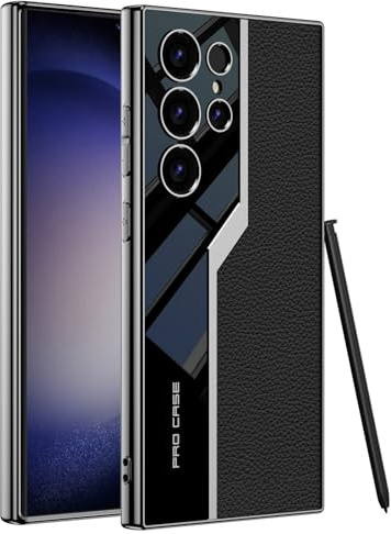 Furwabo Leder Hülle für Samsung Galaxy S24 Ultra, Ultradünnes Sportwagen-Design Luxuriöses Galvanisiertes Leder mit Silikon-TPU-Stoßfester Schutzhülle für Samsung Galaxy S24 Ultra (Schwarz)