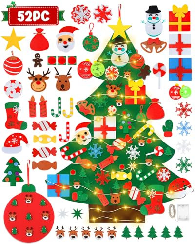 Albero di Natale in Feltro per Bambini con Luci, DIY Albero di Natale Montessori con 52 Staccabili Ornamenti, Regalo di Natale per Bambini Decorazioni Natalizie da Parete per Porte