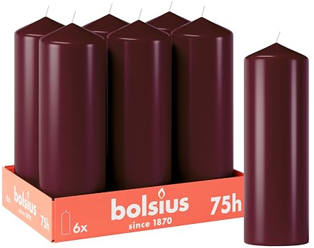 Bolsius - Lot de 6 bougies piliers lisses - Rouge bordeaux - 20 x 7 cm - Bougies décoratives ménagères - Durée de combustion 75 heures - Non parfumées - Contient de la cire végétale naturelle