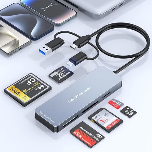 5-in-3 SD Card Reader, Multi Card Reader Aluminium USB C & Lighning USB3.0 Card Reader SD CF Micro SD XD MS,Universal Memory Card Adapter for iPhone/iPad/Android Phone,Windows/Mac/Android/Linux