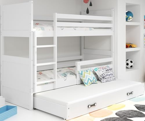 Interbeds Etagenbett für 3 Kinder Stockbett Hochbett 190x90 cm Holzbett Kiefernholz Kinderbett zusätzlicher Schlafplatz in der Schublade Jugenbett mit Lattenrost und Rausfallschutz
