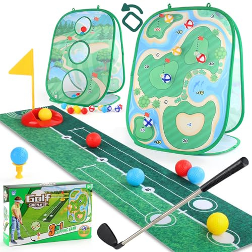 XUEYEGONGJI Golfset för småbarn, 3-i-1 golfset för barn med klubb, golfputtning, övningsmatta, 3-sidigt golfchipping nät, småbarnsspel set för födelsedagspresenter inomhus utomhus
