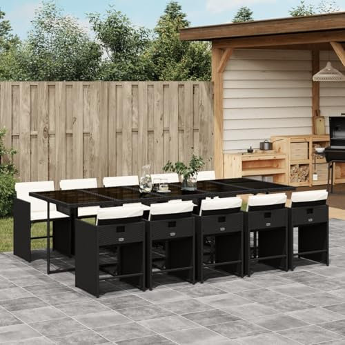 IKAYAA Rattan Gartenmöbel Essgruppe für 10 Personen, Garten Sitzgruppe, Gartengarnitur, Sitzgarnitur, Essgruppe, Terrassenmöbel Set, Gartentisch mit 10 Stühle & Kissen Schwarz und Creme Type-2