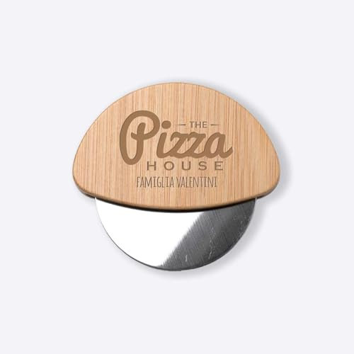 ''Pizza house'' Ruota Rotella Tagliapizza in bamboo e Acciaio Inox Idea regalo Natale Cena Casa Amici Parenti Sposi Divertente per Pizza Focaccia Cibo Amore Cucina