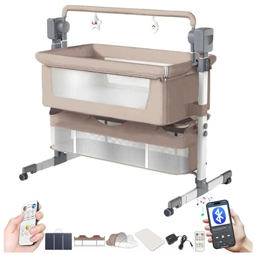 Magic ZC Elektrisk Bluetooth Smart Spjälsäng Bredvid Mig, Omvandlig Baby Spjälsäng, Vikbar Medsovningsbassäng, Spjälsängsäng med Musik, Fjärrkontroll och 5 Gungstalter (601 Beige)