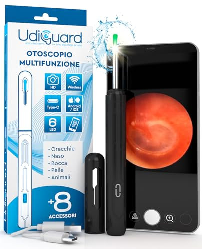 Ear Wax Removal Kit with Camera 1920p 3,6mm WiFi Otoscope - UdiGuard Digital Waterproof Ear Cleaner with 6 LED Lights 8 Ear Spoons for Adults Kids Animals - Compatible with iPhone iPad Android Black