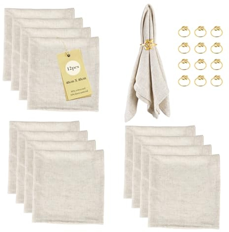 SUPAWAY 12-pack tygservetter linneservetter (12 servetter + 12 servettringar) servetter och servettringar set 40 x 40 cm för bröllop födelsedagsfest kök café restaurang, beige
