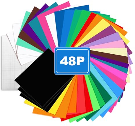 Windfromort Fogli Vinile Adesivo - 48 Pezzi Vinile Adesivo per Plotter - 30,5 x 30,5 cm Pellicole Adesive Colorate, pellicola di trasferimento plotter per macchina da taglio, DIY decorazione