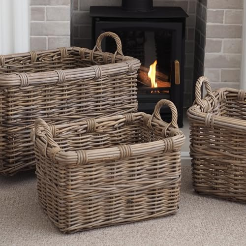 Small Handwoven Rattan Storage Basket, Rectangular Design, Natural Wicker, Firewood Storage, Basket With Handles