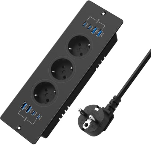 Jgstkcity Einbau Tischsteckdose 3-Fach mit USB‑C PD 20W Schnellladung | Versenkte Montage in Tischplatten, 1,8m Kabel, praktische Mehrfachsteckdose für Arbeitsplatte, Büro und Küche, Schwarz