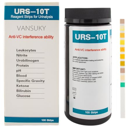 VANSUKY Tiras de Orina 10 en 1 — Pack de 100 — Test Rápido en Casa (Glucosa, Cetona, Proteína, pH, Sangre y más) — Resultados en 60 s — Anti-Interferencia Vitamina C
