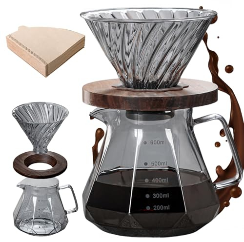 Leikurvo Pour Over - Cafetière à piston en verre borosilicate - 600 ml - Filtre à café avec tasse et 100 filtres en papier - Cafetière manuelle pour la maison, le bureau, l'extérieur, le camping