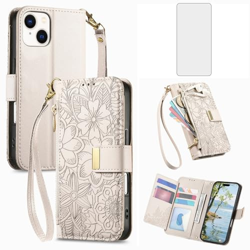 Asuwish Phone Case for iPhone 15 6.1 inch Wallet Cover with Screen Protector and Card Holder Slot Stand Zipper Magnetic Cell Accessories Wrist Strap Protective i Phone15 i15 15Case 5G Women Men White