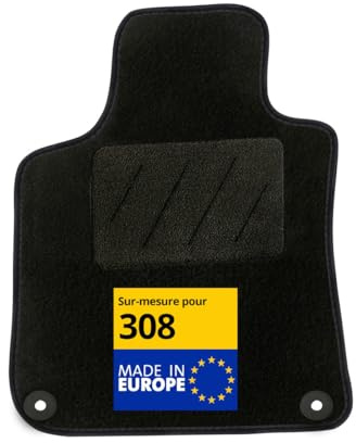 DBS - Tapis de Voiture sur Mesure - Adapté à Votre Peugeot 308/308 SW (09/2007-08/2013) - Antidérapant : Clips de Fixations et Scratch - Tapis de Sol conducteur - Moquette - Noir