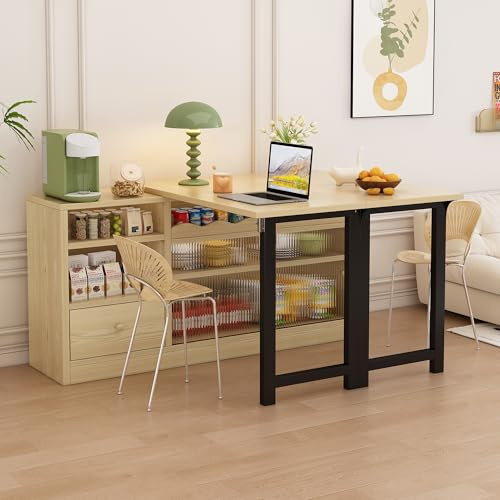 Ausziehbarer Klapp-Esstisch 360° drehbar mit Stauraum Küchentisch mit 1 Schublade Konsolentisch für Esszimmer Wohnzimmer Flur Beistelltisch Sideboard Holzfarbe