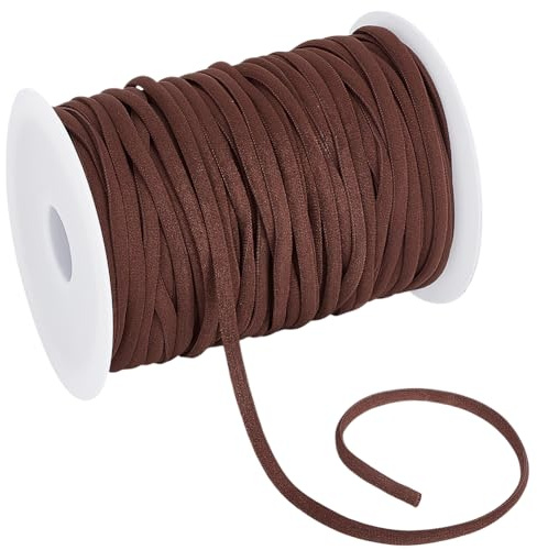 BENECREAT Cordón elástico de 50 m para coser, cordón elástico plano de 5 mm con cordón de repuesto con bobina de plástico para trajes de baño Bikini Craft Elastic String, café