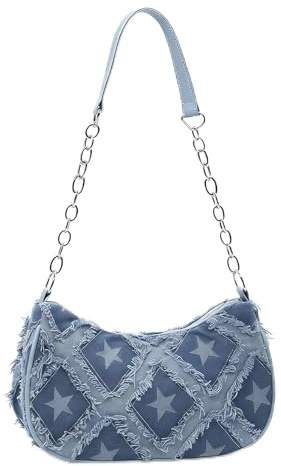 GZXGMY Damen Denim Clutch - Hellblau & Dunkelblau Handtasche aus Jeans, elegante blaue Umhängetasche mit Klappe, Retro Punk Stil Y2K Jeans-Tasche für Alltag & Party