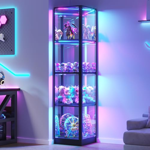 TAGELIER 173cm Glasvitrine mit RGB-Beleuchtung für Sammlungen | 4 Ebenen Eckvitrine, Eckdesign, Verstellbare Böden, Für Figuren, Bücher & Spielzeug