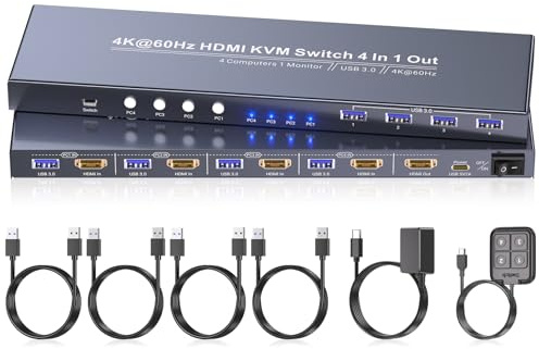 4K60Hz HDMI KVM Switch 1 Monitor 4 Computers, 4 Port KVM Switch for 4 PCs Share 1 Monitor and 1 Set of Keyboard Mouse, 4 Port USB 3.0 Hub Integrated, Dual Switching Methods