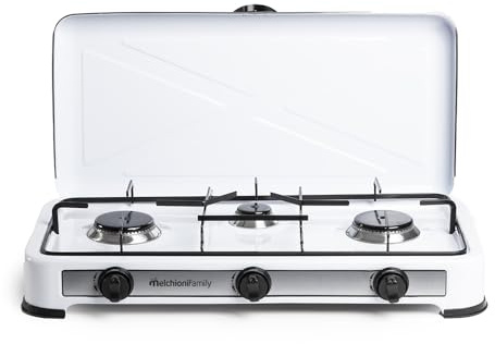 Fornello a Gas GPL Minerva 3 Fuochi Bianco Portatile Campeggio Cucina da Esterno Acciaio Smaltato con Coperchio Regolazione Fiamma Griglie Removibili per Camper Picnic Giardino