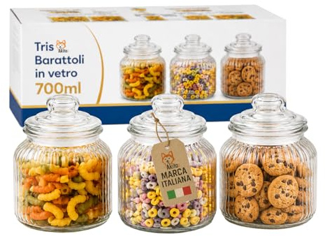 AKITAInk Set 3 Barattoli in Vetro 700 ml con Tappo in Vetro, Contenitori Cucina per Pasta, Biscotti, Spezie e Conservazione Alimenti