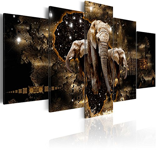 B&D XXL - Wandbilder XXL Tiere 200x100cm 5 tlg - Wand Deko Leinwand Bilder Groß Wanddeko Wohnzimmer Schlafzimmer Kunstdrucke - Abstrakt Elefant schwarz g-A-0011-b-n