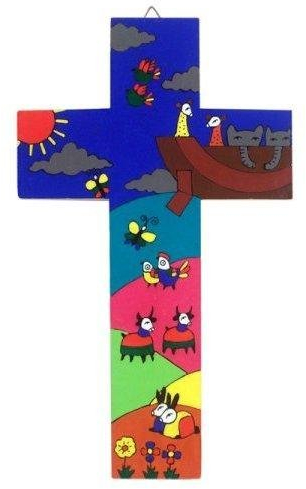 MacaMex Kreuz aus Holz.Kinderkreuz Arche Noah. Kreuz 30 cms Fairer Handel