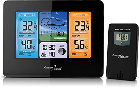 GreenBlue GB522 väderstation med vädertrendprognos WiFi-app trådlös väderstation med utomhussensor, väckarklocka, färgdisplay