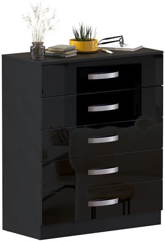 Vida Designs Hulio High Gloss 5 Drawer Chest Of Drawers, Black, 90 x 75 x 36 c,