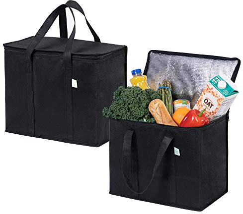 VENO 2 Stück Einkaufstasche Wiederverwendbare Faltbar Kühltasche Einkaufskorb, Groß Picknickkorb Robuste Isoliertasche Lunchtasche, Aufrecht Stehend Thermotasche (Schwarz, 2er-Pack)