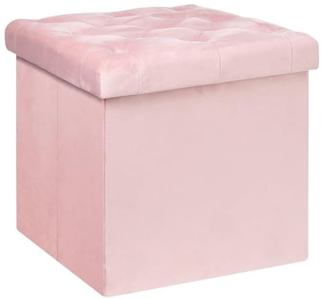 B FSOBEIIALEO Aufbewahrungs-Ottomanenwürfel, Samt, getuftet, zusammenklappbar, mit Deckel, Fußhocker, gepolsterter Sitz für Schlafzimmer (Rosa, Medium)