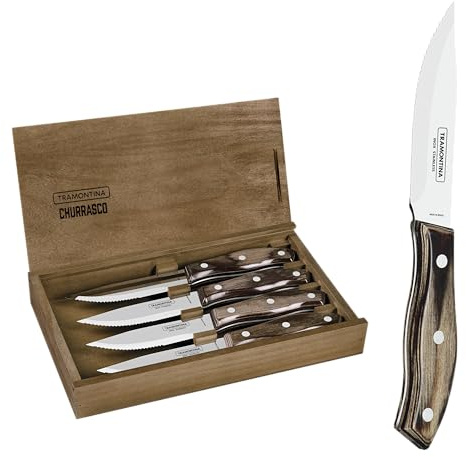 Tramontina Juego de Cuchillos Chuleteros Carne/BBQ, en Acero Inoxidable y Mangos de Madera Polywood en Estuche de Madera 4 Piezas