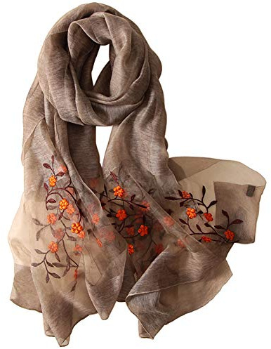 Alysee Women Lovely Silk&Wool Mixed Floral Embroidered Scarf Shawl Wrap Khaki