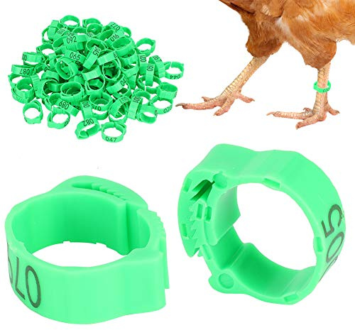 Zerodis 100 Stück nummerierte Geflügelbeinbänder, 001-100, Kunststoff Beinringe für Hühner, Enten, Gänse, Vögel, Hühnerzubehör, Grün