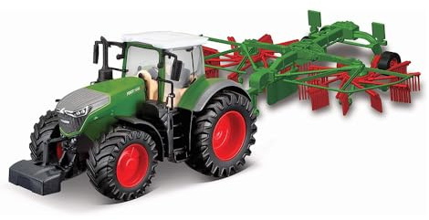 Bburago Traktor Fendt 1050 Vario mit Heuwender Kreiselwender, ca. 19cm - Modelltraktor Spielzeugtraktor mit Schwungrad-Antrieb, abnehmbare Fahrerkabine Spielzeugtraktor für Kinder ab 3 (18-31665)
