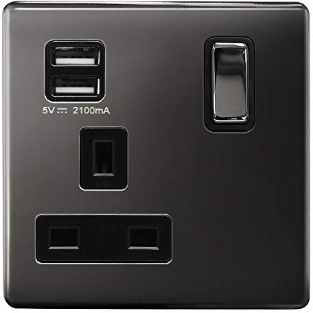 1 Gang USB Switch Socket 13A Twin Port Black Nickel Single Plug Wall Outlet N501GME