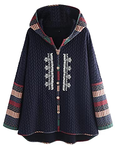 Sudadera de mujer de invierno – Chaqueta de otoño de manga larga, abrigo, étnico, con capucha vintage, estampado grueso, parka de manga larga, forro polar, tallas M – 3XL, marine, L